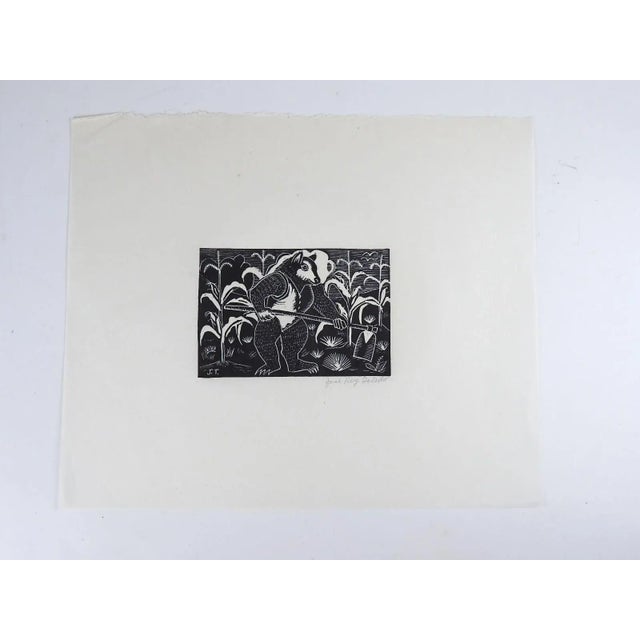 Modern Vintage Mid 20th Century Jose Rey Toledo Bear Gardening Woodcut For Sale - Image 3 of 3