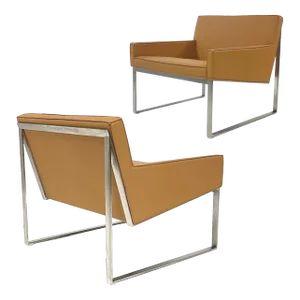 Pair of Tanned Leather Visible Stitch & Brushed Nickel B3 Lounge Chairs by Fabien Baron for Bernhardt