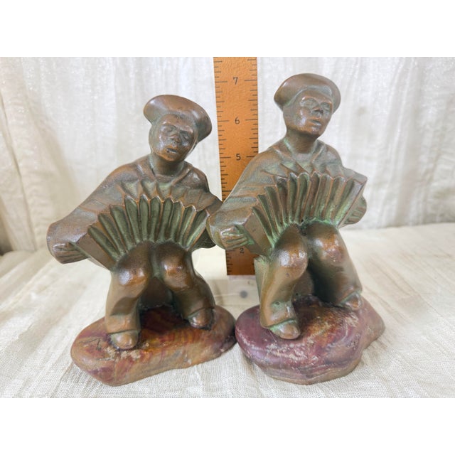 1920s Hubley Cast Iron Accordion Player Bookends on Banded Onyx - Pair For Sale - Image 11 of 11