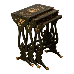 Antique Set 3 Chinese Export Gilded Lacquer Dragon Feet Nest of Tables 1890