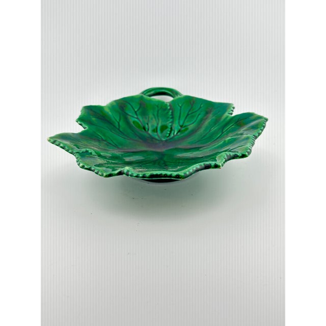French Country Antique Leaf Majolica Footed Dish For Sale - Image 3 of 11