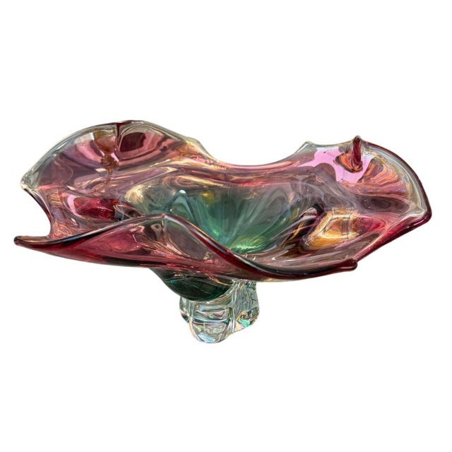 Late 20th Century Murano Glass Footed Bowl Emerald Green, Pink & Clear, Italy, Late 20th Century For Sale - Image 5 of 7