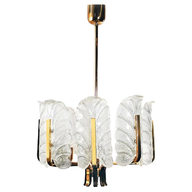 Chandelier with Structured Glass Leaves by Carl Fagerlund for Orrefors Sweden, 1960s For Sale