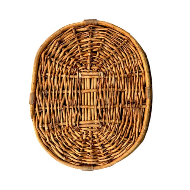 Wood Vintage Woven Oval Pencil Reed Basket W/ Rattan Rim & Wooden Straps For Sale - Image 7 of 10