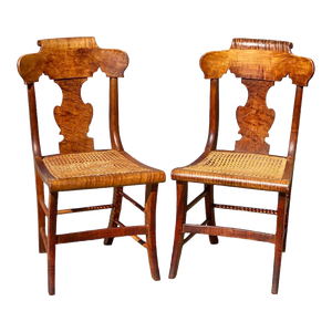 Early 19th Century Antique Federal Pair of Tiger Maple & Birds Eye Maple Chairs