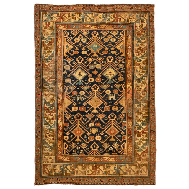1940s 1940s Navy Blue Ivory Gold Geometric Tribal Caucasian Dagestan Rug For Sale - Image 5 of 5
