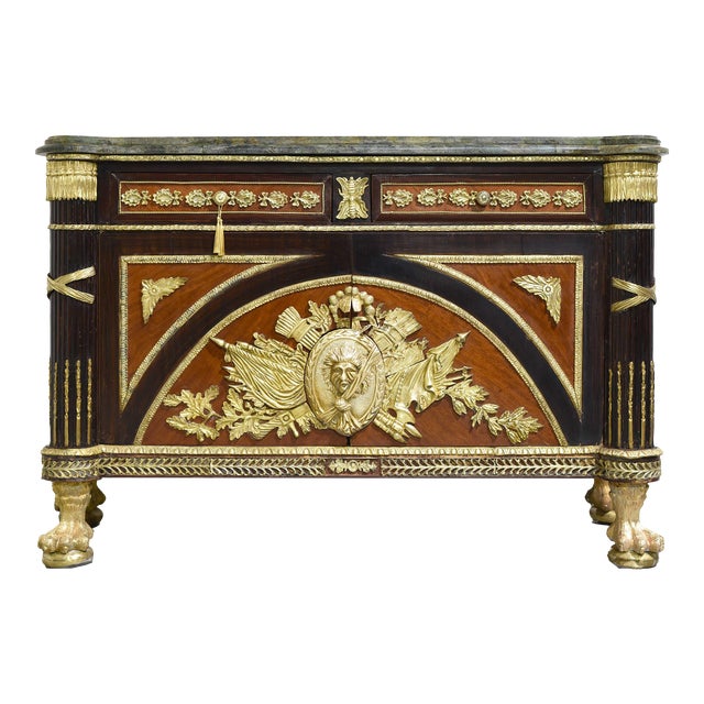 Louis XVI Trophy Commode à Vantaux Bronze Mounted Marble Top Lion's Paw Reproduction of Benneman and Stöckel For Sale