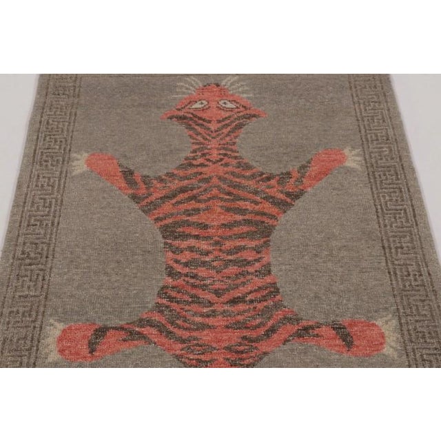 Rug & Kilim Rug & Kilim’s Distressed Tiger Runner Rug With Gray and Orange Pictorial For Sale - Image 4 of 9