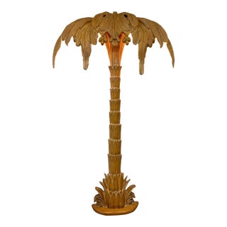 Vintage Hollywood Regency Carved Wood Palm Tree Floor Lamp For Sale