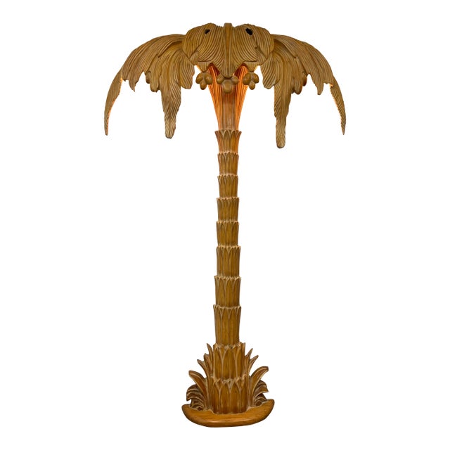 Vintage Hollywood Regency Carved Wood Palm Tree Floor Lamp For Sale