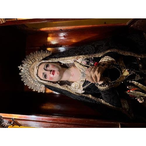 Baroque Salzillo, Our Lady of Sorrows, 18th Century, Polychrome Wood with Silver Crown in Display Case For Sale - Image 3 of 10