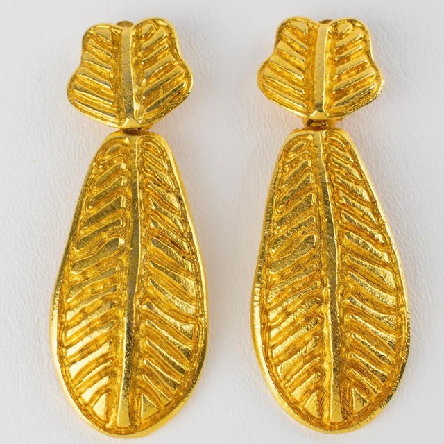 Sonia Rykiel Gilded Floral Dangle Clip Earrings with Palmtree Design For Sale - Image 4 of 9