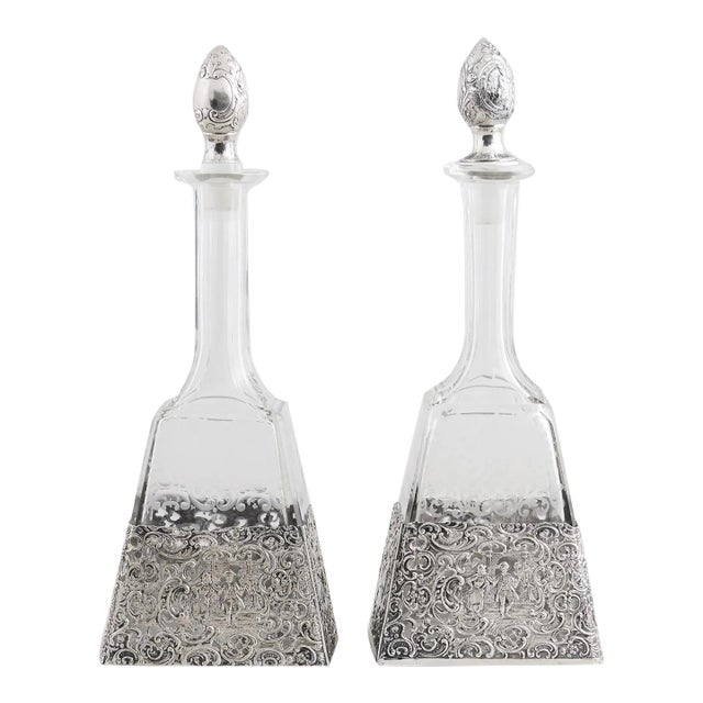 Antique German Silver Overlay & Etched Glass Barware Decanter For Sale