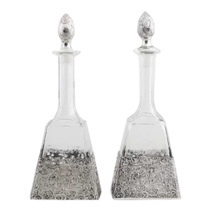 Antique German Silver Overlay & Etched Glass Barware Decanter