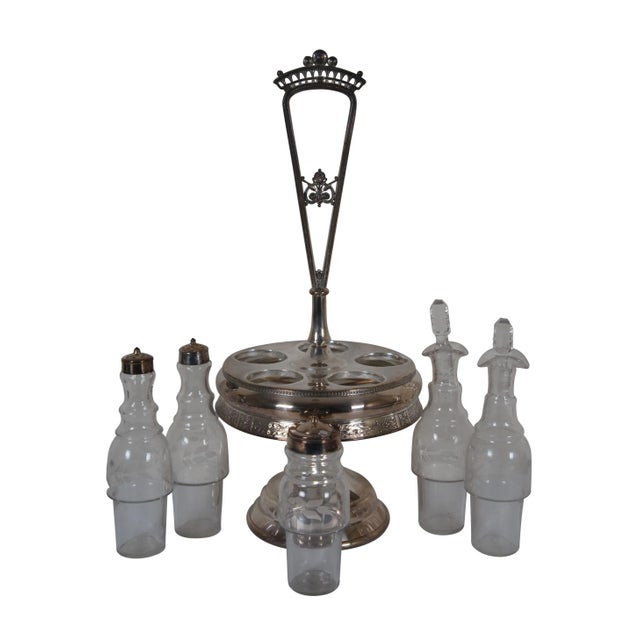 Victorian Antique Reed & Barton Silver Plate Etched Glass Cruet Condiment Caddy Set- 6 Pieces For Sale - Image 3 of 12