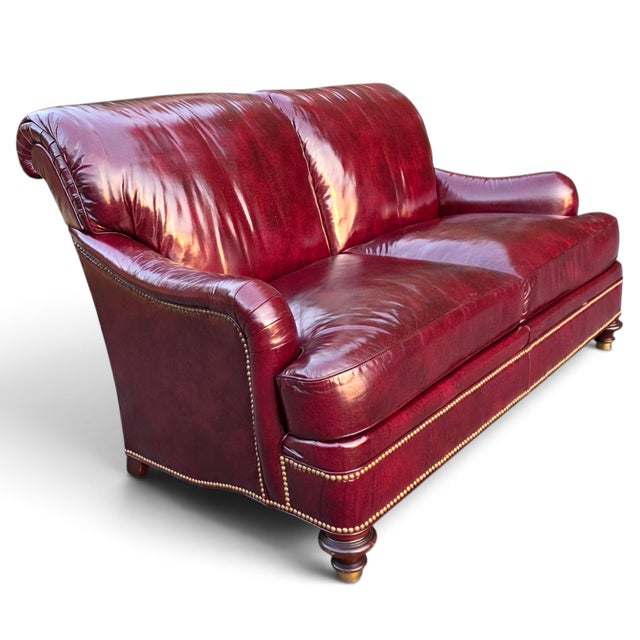 Vintage Hickory Chair English Style Oxblood Leather Loveseat With Brass Nailhead Trim For Sale - Image 9 of 14