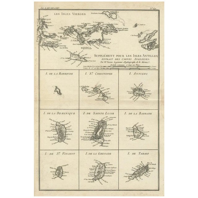 Map of Virgin Islands and Lesser Antilles by Rigobert Bonne, 1780 For Sale