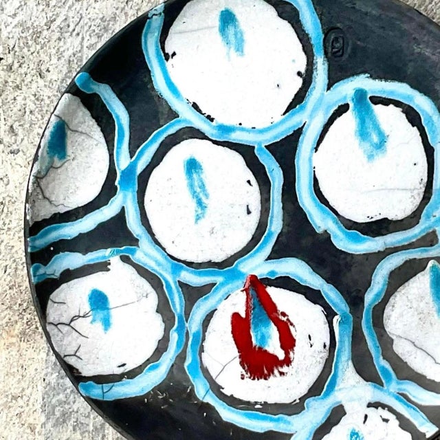 Tiffany Blue Vintage Hand Painted Signed Studio Pottery Charger For Sale - Image 8 of 14