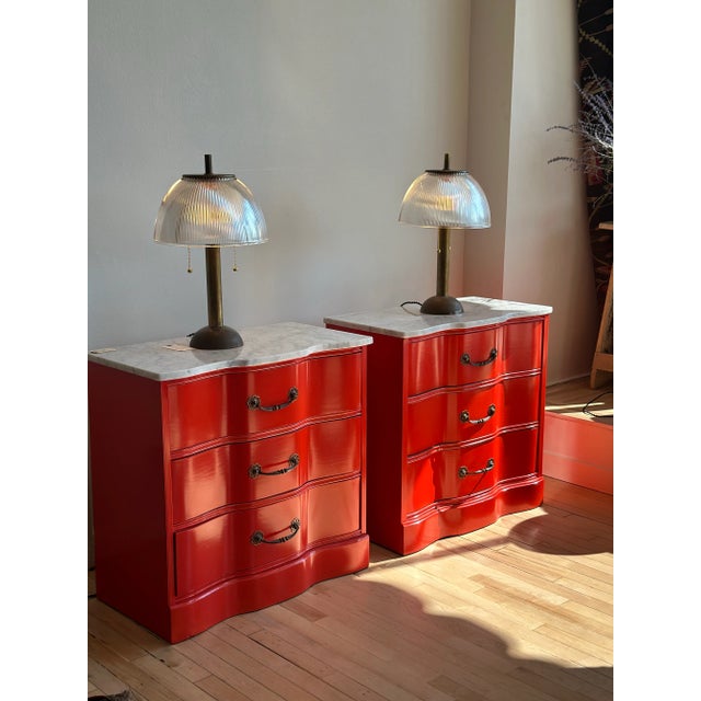 Marble Top Red Lacquered Serpentine Chests, a Pair For Sale - Image 9 of 9