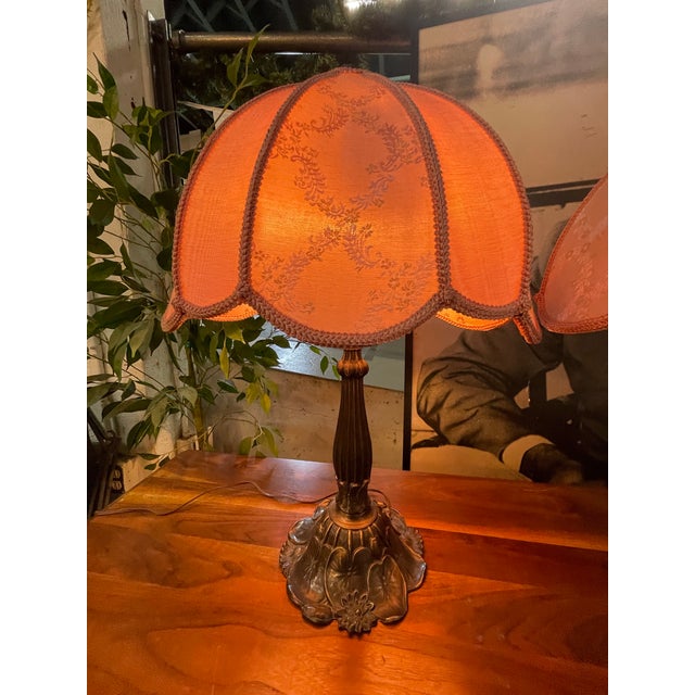 Victorian Vintage Boudoir Table Lamp With Pink Fabric Shade For Sale - Image 3 of 4