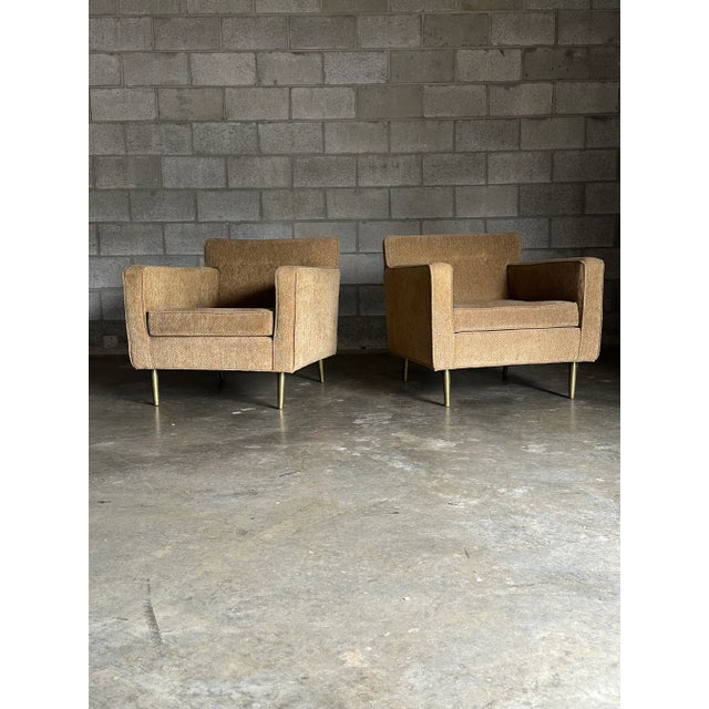 Tan Vintage Edward Wormley for Dunbar Brass Leg Lounge Chairs and Ottoman, Unmarked - 3 Pieces For Sale - Image 8 of 13