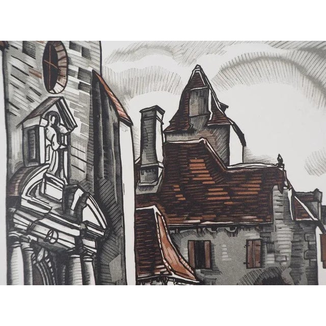 Louis Soulas, Dordogne, The Place at Domme, 1928, Original Signed Woodcut For Sale - Image 4 of 6