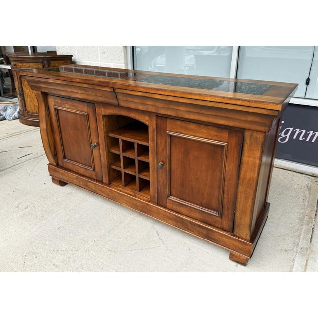 Traditional Wood Buffet With Stone-Inset Top and Wine Storage For Sale - Image 4 of 17