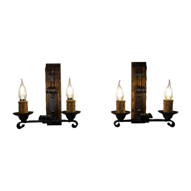 French Double Sconces in Pine and Wrought Iron, 1960, Set of 2 For Sale - Image 13 of 13