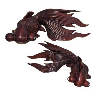Late 20th Century Carved Japanese Rosewood Koi Fish Figurines With Glass Eyes- Set of 2 For Sale