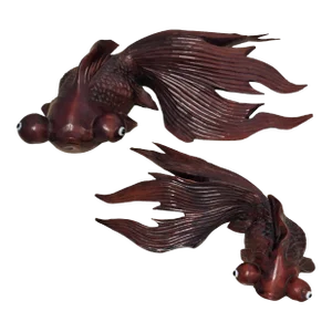 Late 20th Century Carved Japanese Rosewood Koi Fish Figurines With Glass Eyes- Set of 2