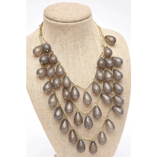 1970s Vintage Gray Resin and Gilt Metal Beaded Three Strand Bib Necklace For Sale - Image 5 of 7