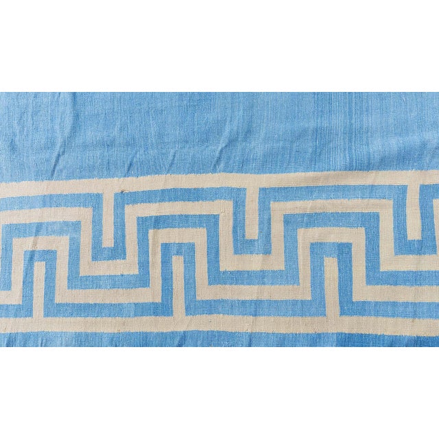 1950s Doris Leslie Blau Indian Dhurrie Vintage Blue Flatweave Cotton Rug Greek Key For Sale - Image 5 of 8