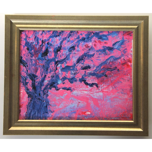 Cleo Plowden Abstract Impressionism Textured Tree Landscape Blue Orange Original Oil Paiting by Cleo Plowden For Sale - Image 4 of 4