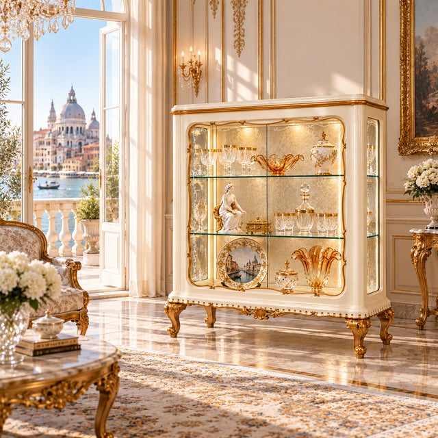Wood Venetian Ivory Lacquered and Gilt Display Cabinet attributed to Fratelli Testolini from Testolini & Salviati, 1930s For Sale - Image 7 of 11