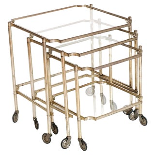 Silvered Brass Rolling Nesting Tables, 1930s, Set of 3 For Sale