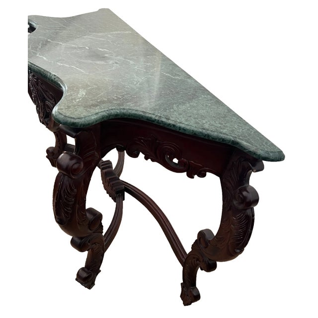 1990s Vintage Victorian Rococo Revival Console Table Carved Mahogany, Green Marble Top For Sale - Image 5 of 13