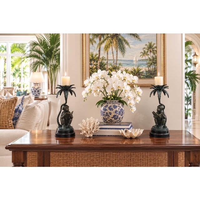 Pair of Vintage Cast Metal "Reading Monkey" Palm Tree Candlesticks For Sale - Image 9 of 12