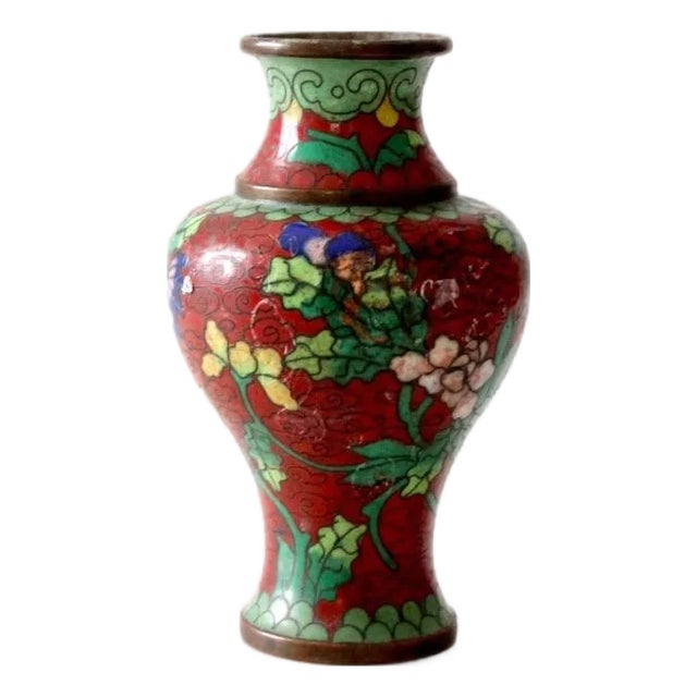 Vintage Chinese Cloisonné Vase Red Floral For Sale