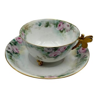 Antique William Guerin & Co. (w.g. & Co.) Limoges Footed Cup and Saucer Gilt Dragonfly Handle For Sale