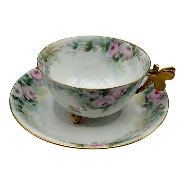 Antique William Guerin & Co. (w.g. & Co.) Limoges Footed Cup and Saucer Gilt Dragonfly Handle For Sale