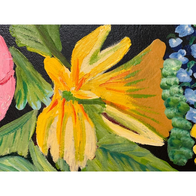 Original Hand-Painted Folding Screen by Stacey Porter – Floral Still Life With Bird – Black Ground Decorative Panel For Sale - Image 10 of 12