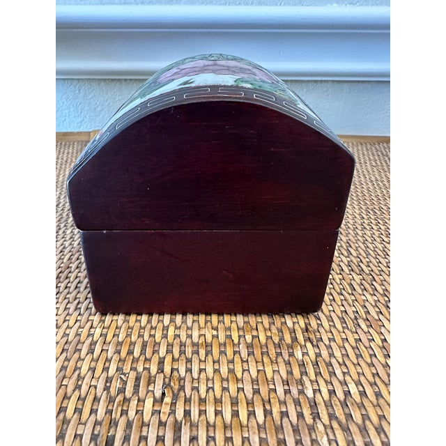 Vintage Arched Chinoiserie Pottery in Wood Box Featuring Lotus Flower & Foliage For Sale - Image 4 of 14