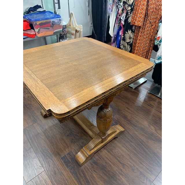 1910s English Antique Oak Art Deco Draw Leaf Pub Table For Sale - Image 4 of 11