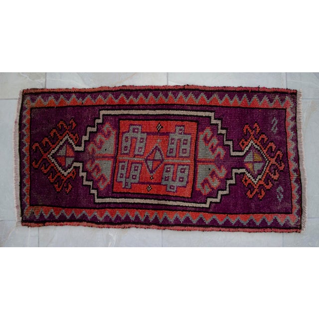 Distressed Small Low Pile Hand Knotted Yastik Rug Faded Mat - 18'' X 36'' For Sale - Image 13 of 15