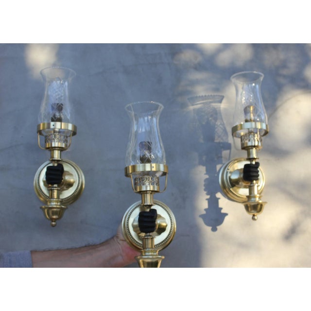 Brass Wall Sconces attributed to John Devoluy, 1950s, Set of 3 For Sale - Image 4 of 8