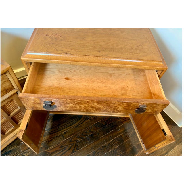 Vintage pair of MCM Thomasville Burl Wood and Cane front Nightstands . Wonderful hardware and dovetail drawers . Not...