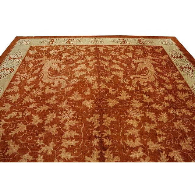 1920s Red Rust Birds Shou Symbols Modern Room Size Antique Chinese Art Deco Rug For Sale - Image 9 of 9