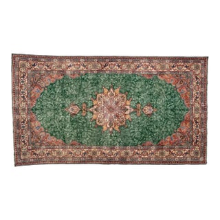 Vintage Green Tabriz-Style Floral Medallion Area Rug For Sale