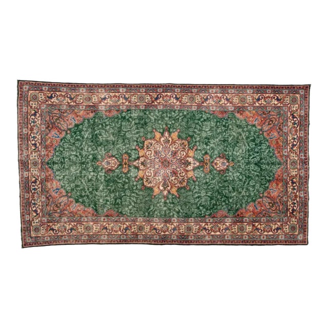 Vintage Green Tabriz-Style Floral Medallion Area Rug For Sale