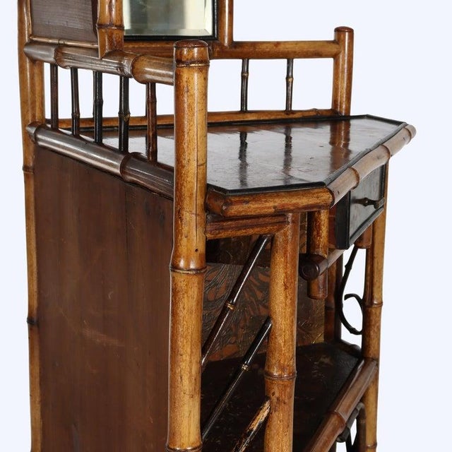 Antique Asian Bamboo Corner Etagere With Floral Leather Tooling & Mirror C1890 For Sale - Image 11 of 16